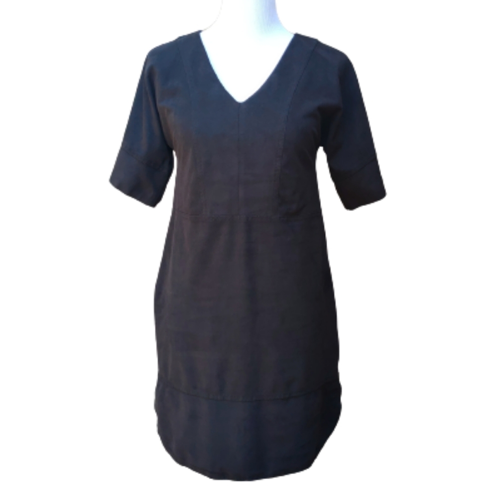 Vince Camuto Black Faux Suede Mini Dress Solid Pockets Short V-Neck